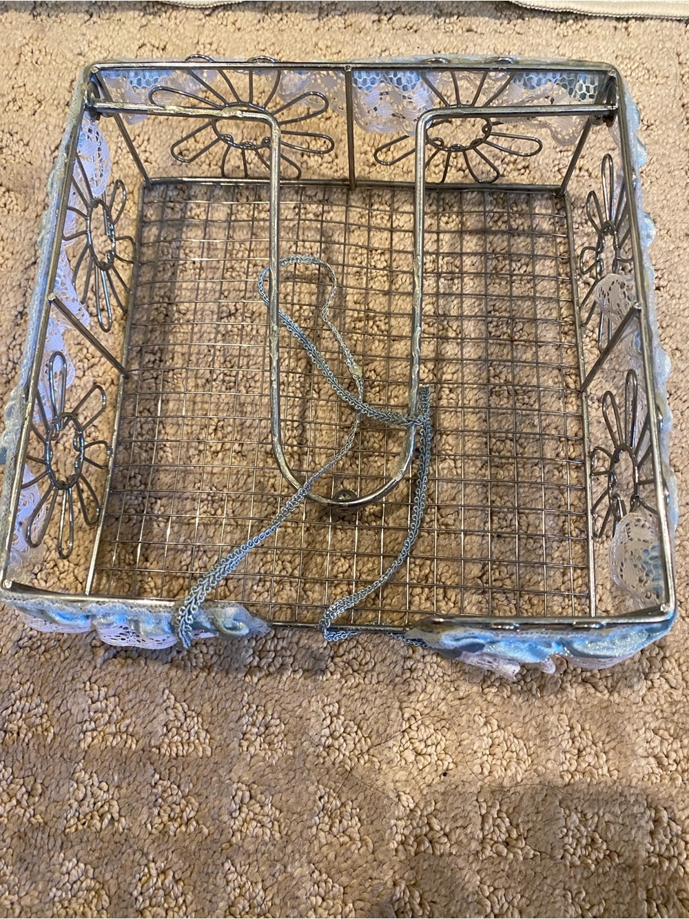 Basket, Metal Floral Divided Organizer Silver Finish
